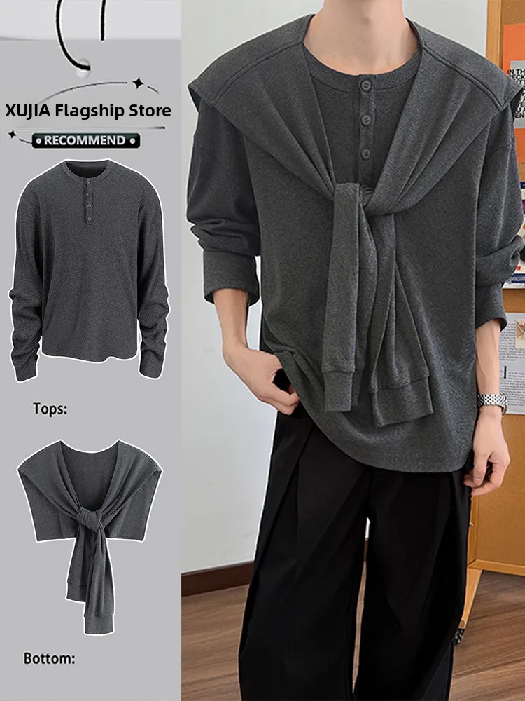 

Американский ретро длинный свитшот с воротником Генри, мужской ранняя осень, одинаковый корейский свитер с запахом на плечах, завязывающийся O...