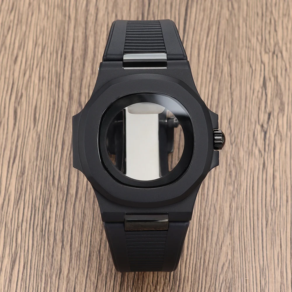 For Nautilus case nh35 40mm Matte Black Watch Case Rubber Strap Sapphire Glass Fit NH35 NH36 NH34 NH38 NH72 Movement 30.5mm Dial