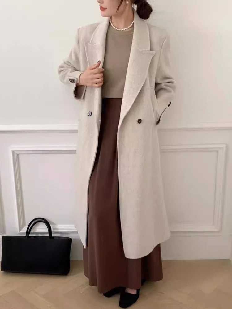 LANMREM Office Lady Two Sided Wool Long Coat Women Notched Collar Double Breasted Clothing Fashion 2024 Winter New 2VV129