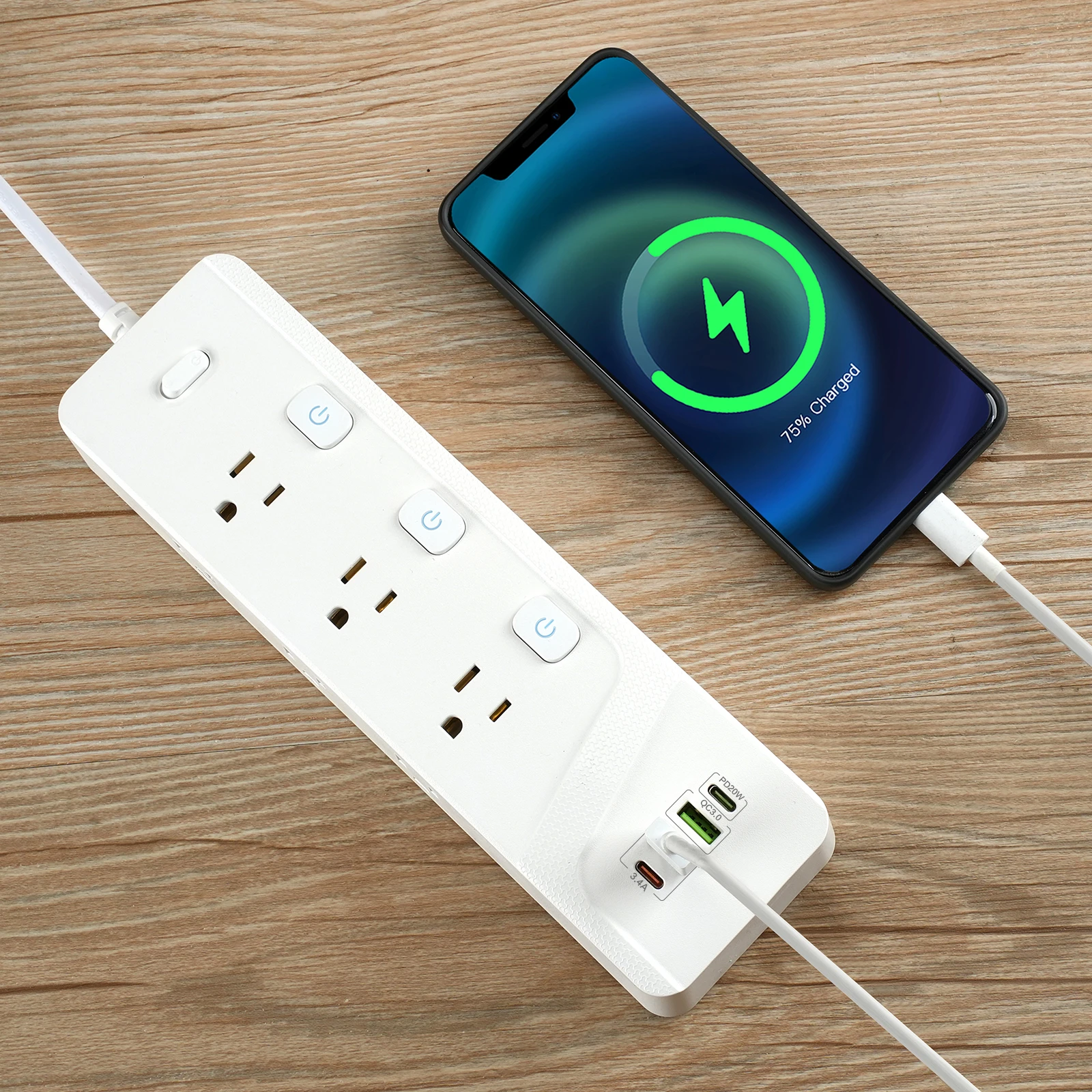 US Power Strip 6 AC Outlets USB Ports Extension Socket QC3.0 Quick Charger With Overload And Independent Switch Surge Protector