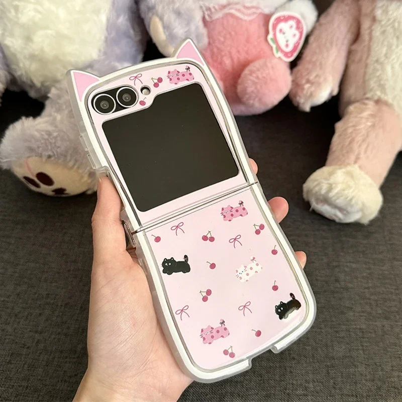 جراب هاتف وردي لطيف من القط الكرز ، غطاء خلفي واقي ، Samsung Galaxy Z Flip 6 ، 5 ، 4 ، 3 ، ZFlip4 ، ZFlip5 ، ZFlip6