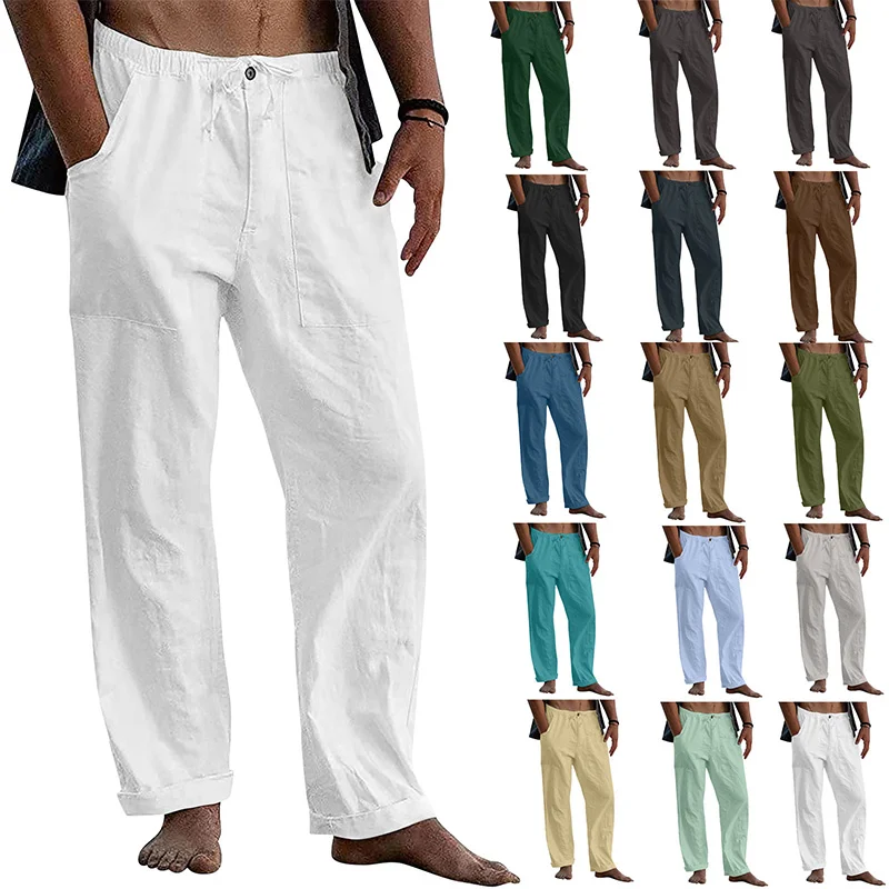 Herren Freizeit hose Home Pants New Man Baumwolle Leinen große weiße gerade Hose solide Strand schwarz Fitness hose