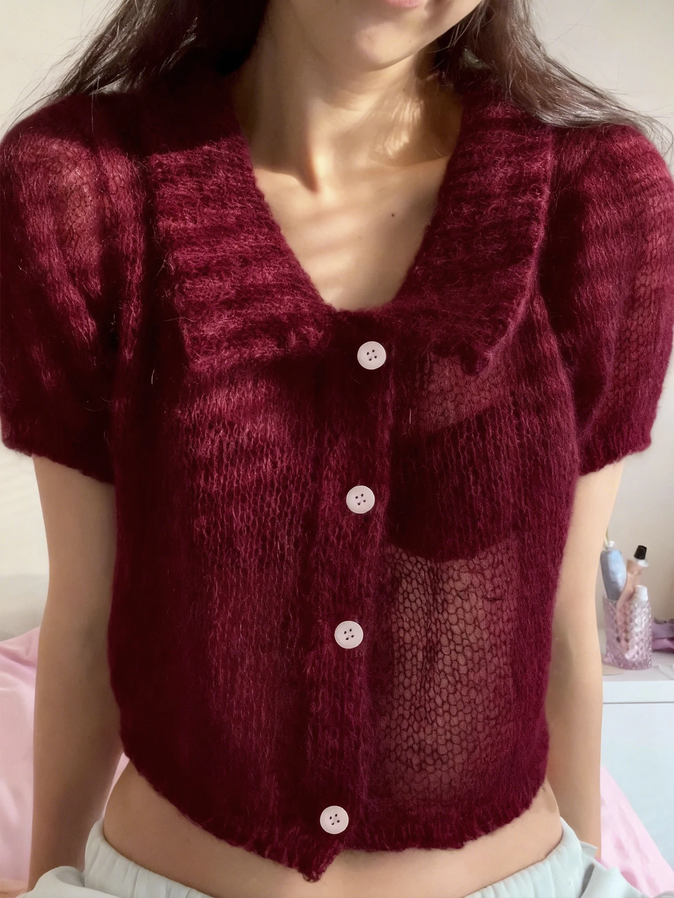 Women's Burgundy Ruffled Collar Short-Sleeve Knit Cardigan, Early Autumn Thin Mohair Hollow-Out Sheer Short Top, Valentine's Day Romantic Outfit, European and American Style Popular Single-Breasted Puff-Sleeve Knitwear, Gentle and Stylish Slim-Fit Outerwear