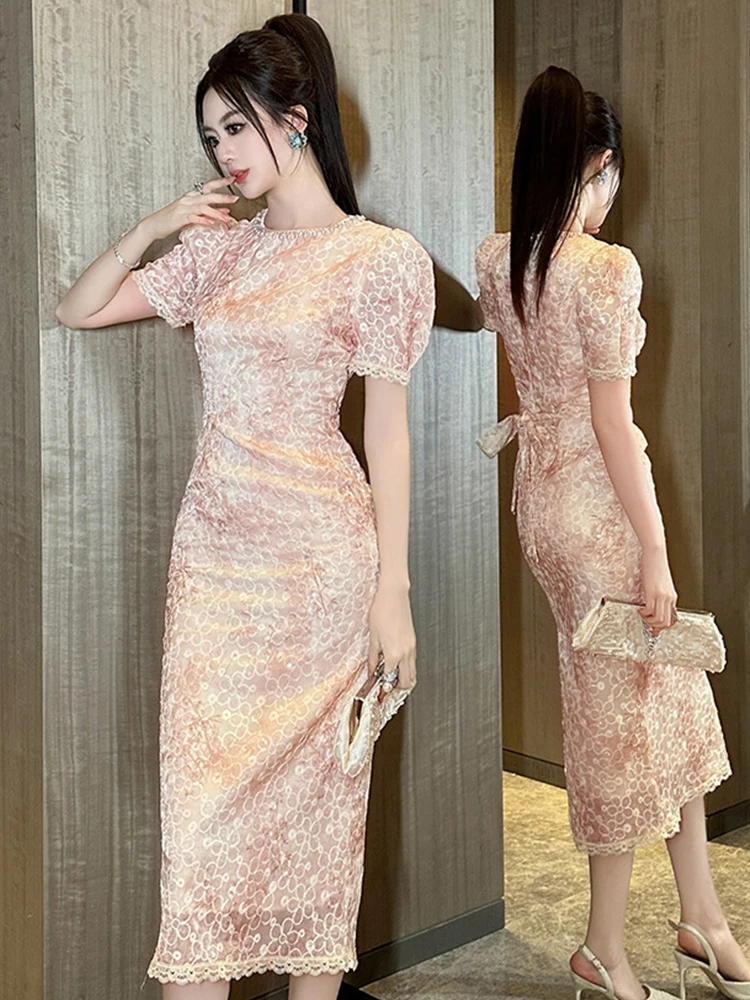 Celebrity Socialite Birthday Party Dress Women Sweet Exquisite Diamond Pearl Bright Sequin Bandage Bow Midi Robe Banquet Vestido