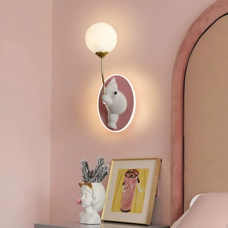 Cartoon Polar Bear Wall Lamps Pink White Princess Room Baby Kids Children's Room Bedroom Bedside Wall Light Indoor Decorative