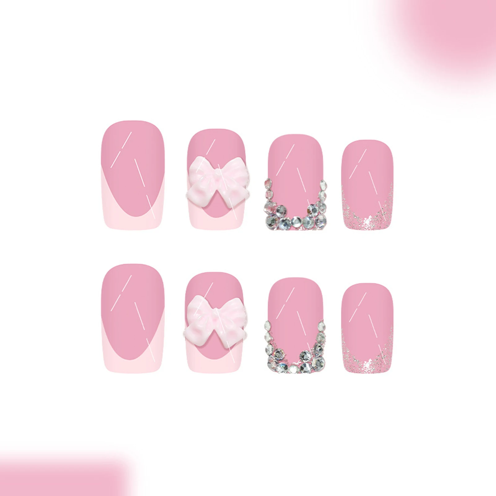 Faux ongles roses pour filles douces, 24 pièces, courts, à pression, pointe française, à coller, décor avec nœud papillon en strass