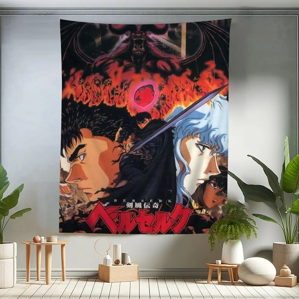 Berserk Retro Classic Anime Swordsman Painting Tapestry Anime Tapestry Hanging Tarot Hippie Wall Rugs Dorm Wall Hanging Sheets