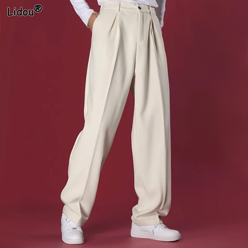 Button Solid Color Man Simplicity Pockets Spring Summer Thin Handsome Loose Pants Fashion Casual Straight Men\'s Clothing 2023