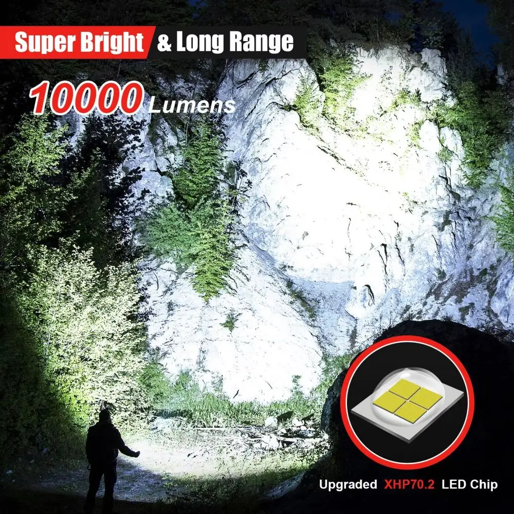 Flashlight Rechargeable LED 100000 High Lumens Super Bright Long Range Powerful Xhp70 90 Tactical Waterproof