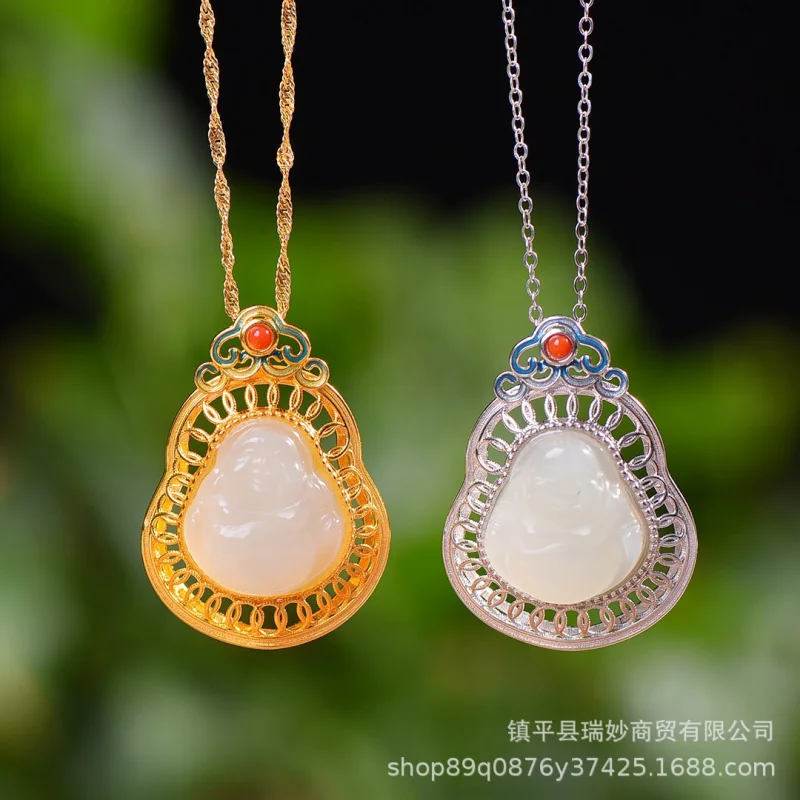 

S925 Inlaid Hetian Jade Necklace Pendant Silver Women'S Hanging Ornament Big Belly Buddha With Inlay