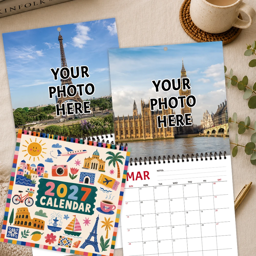 1pc 2027 Travel Enthusiasts Custom Calendar - Personalized Wall Calendar. Upload 6 Photos, Birthday, Christmas, New Year Gift