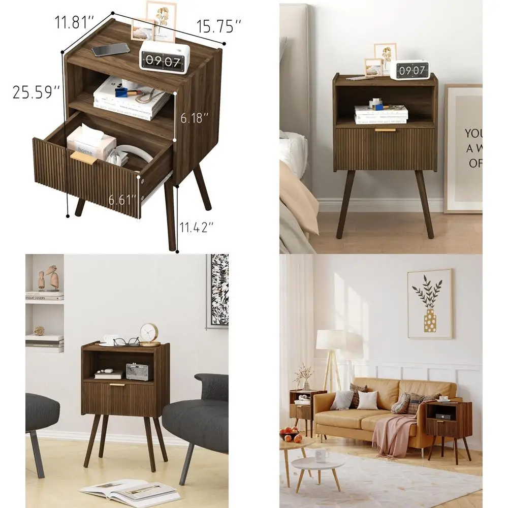 

Прикроватная тумбочка с открытой полкой, ножки из массива дерева, простая сборка, цвет орех, для гостиных