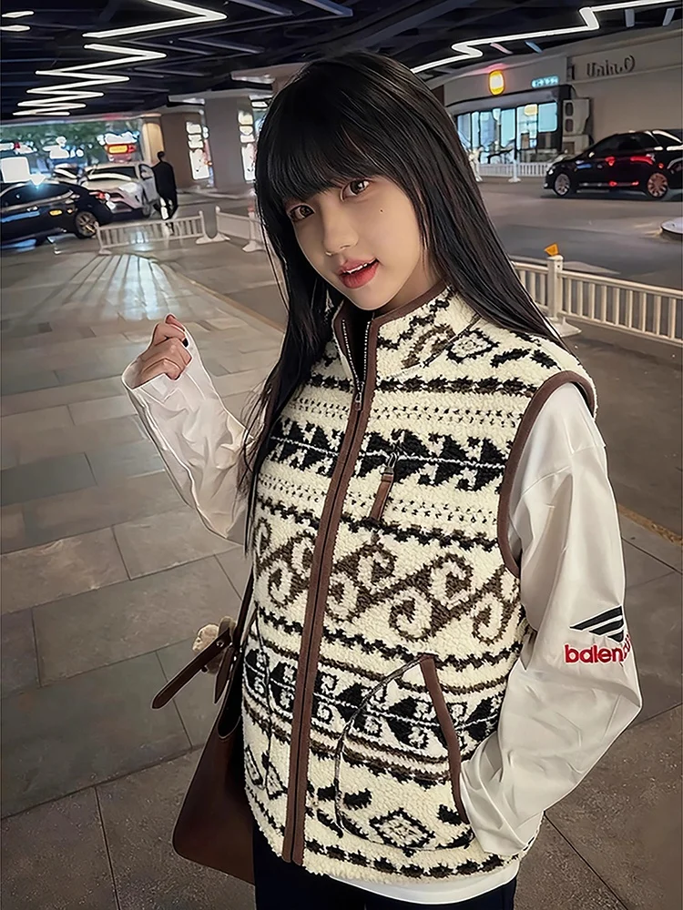 

Американский меховой жилет из овечьей шерсти Fair Isle, двусторонний, теплый, осенне-зимний, молодежный, модный, верхняя одежда