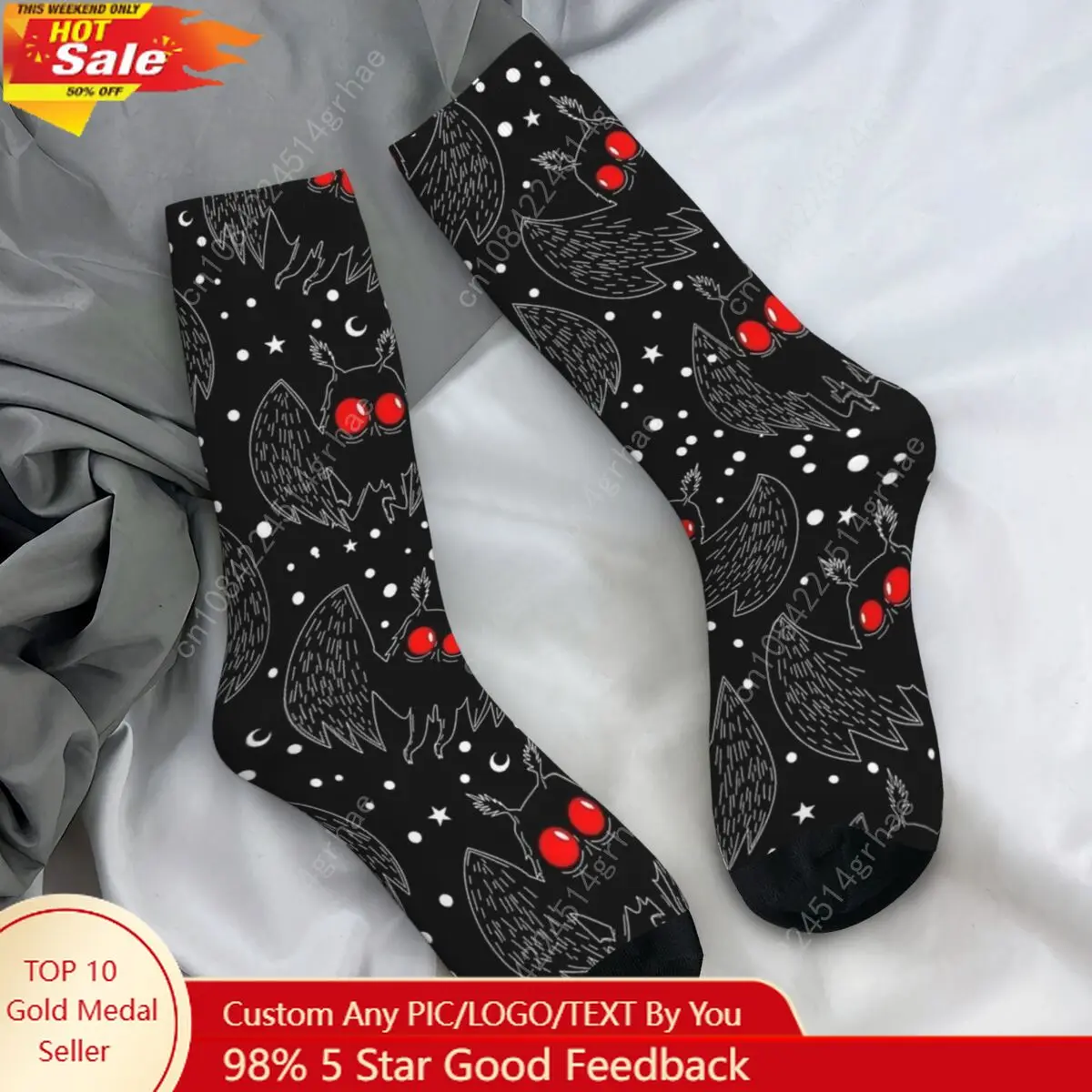 Mothman Night Chaussettes grises Bat Cryptids Bas tendance Couple Chaussettes de sport de course confortables Automne Chaussettes antidérapantes personnalisées