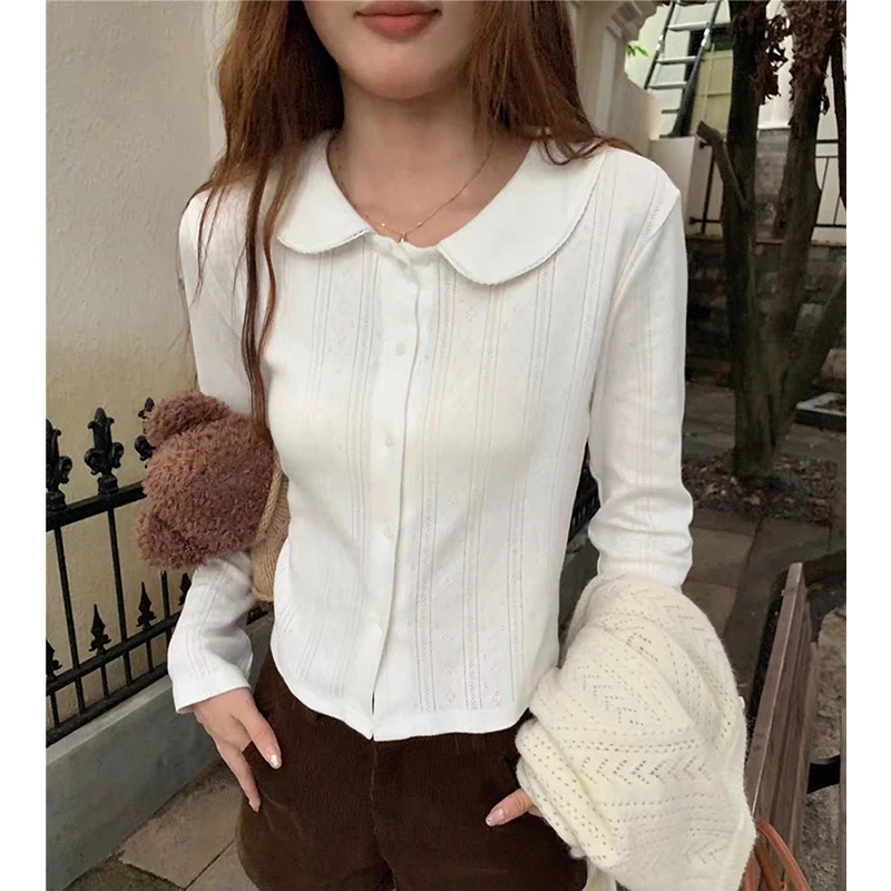 

Kawaii белые рубашки из чистого хлопка, женские укороченные блузки с длинными рукавами Cutecore, модные повседневные топы с воротником Питера Пэна в консервативном стиле