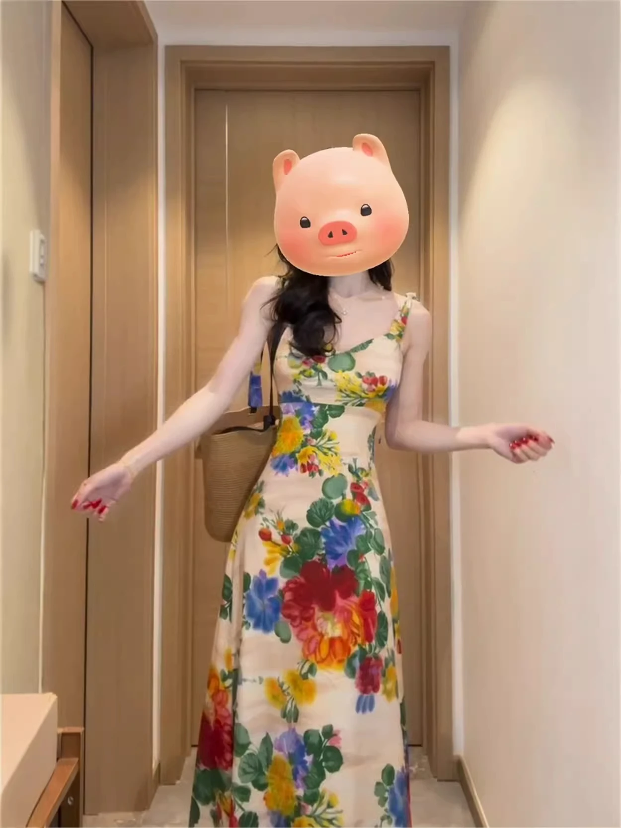 Retro Hong Kong Style Floral Print Summer Dress Women's Elegant Waist-Cinching Strap Long Dress Vacation Vibes High Waist