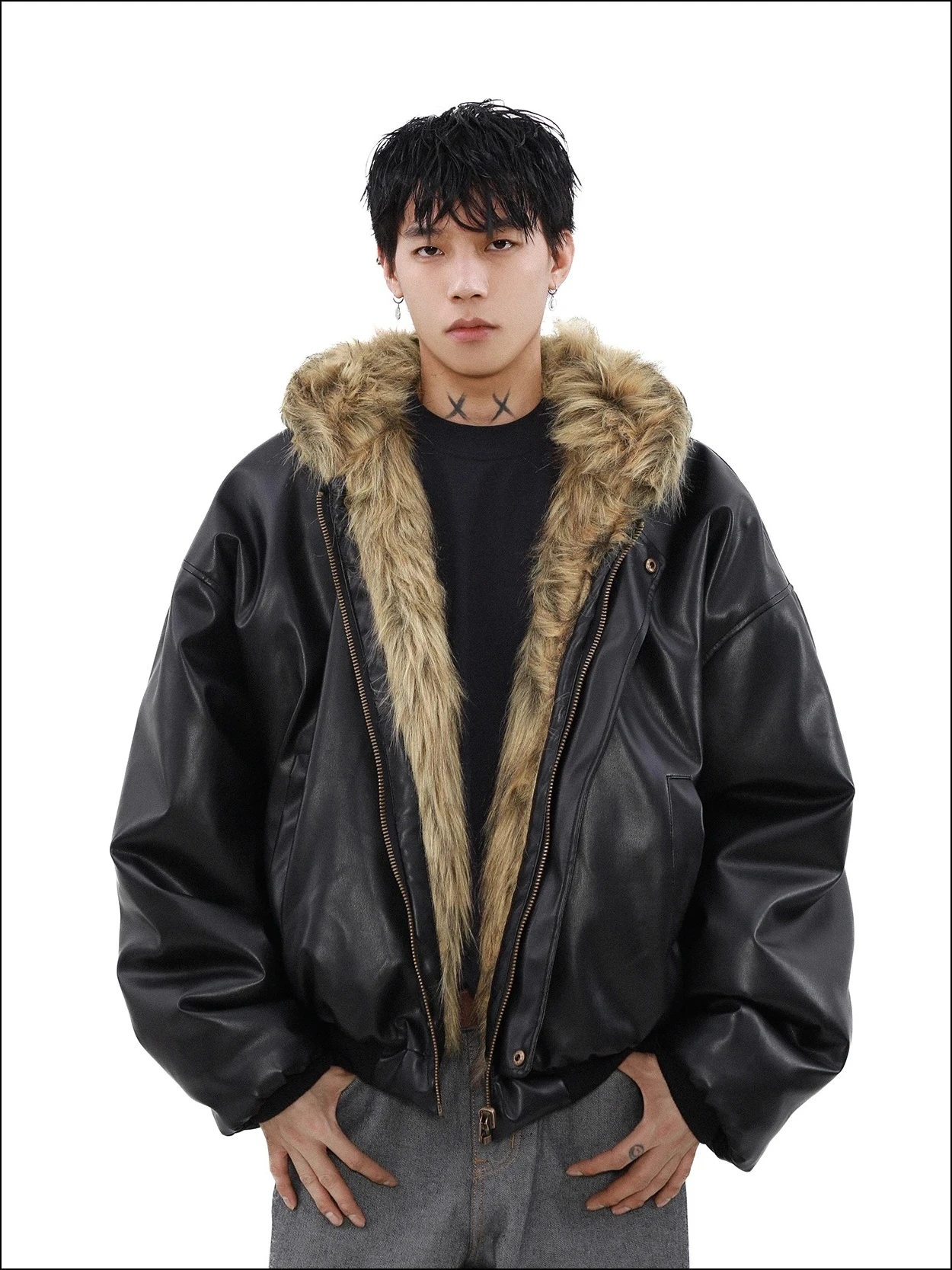 

Double Sided Wearable Winter Warm Jackets Pu Coat Sportswear Cotton Streetwear Couples Fur Collar Hooded Motorcycle Mens Jacket