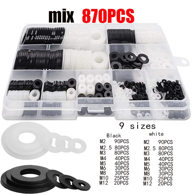 

In Box 870/700pcs Washer Nylon Flat Washers Flat Assortment Kit Metric Sealing Spacer Gasket RingM2 M2.5 M3 M4 M5 M6 M8 M10 M12