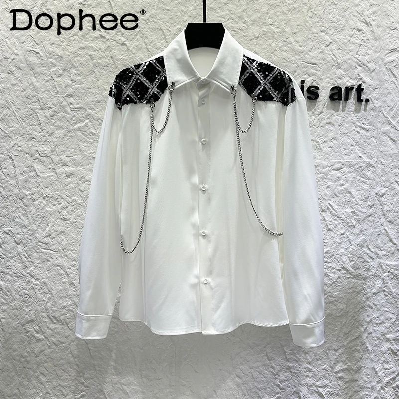 

2025 New High-end Fashion Trend Long Sleeve Shirt Men's Unique Metal Chain Design Patchwork Sequin Casual Loose Shirt