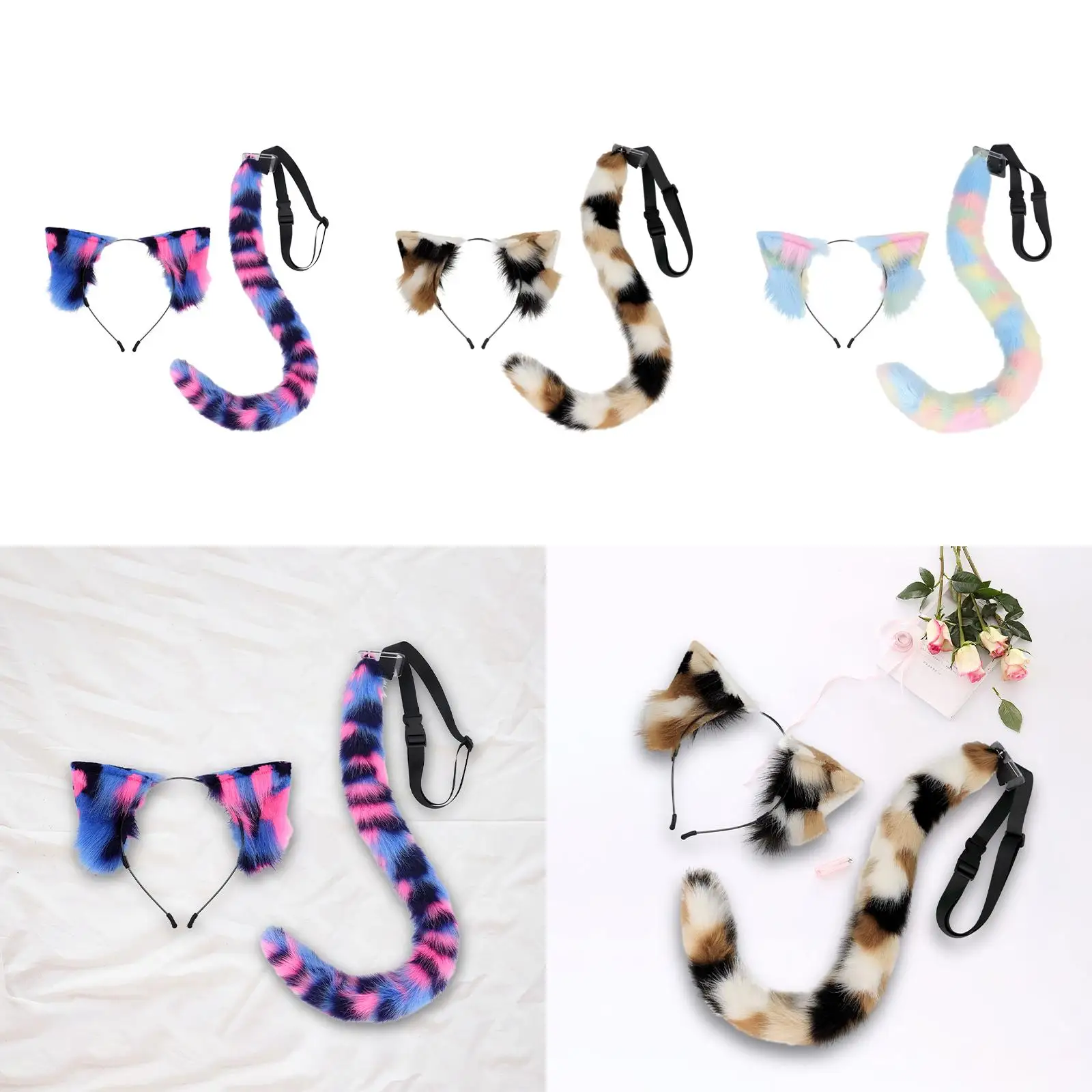 Oreilles et Queue d'Animaux en Peluche, Cerceau à Cheveux, Accessoires de Costume, Long T64.pour Mascotte, Anniversaire, Carnaval, Femmes, Bol, Vacances