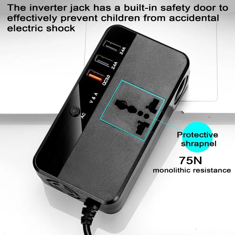 200W Portable Car Inverter Cigarette Lighter Plug Car Fast Charger Power Adapter Converter with 3 USB Ports for Outdoor Camping