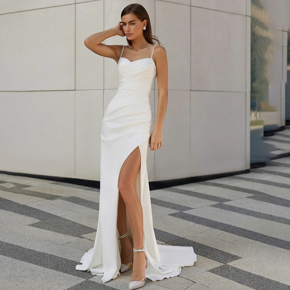 

Customized Elegant Spaghetti Straps Bead Mermaid Stain Wedding Dress Gorgeous Backless Floor Length Bride GownS Robe