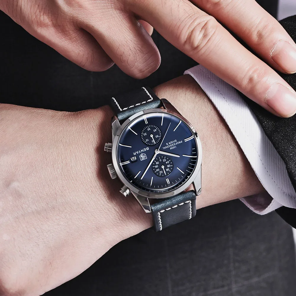 2023 جديد رجال الأعمال ساعة متعددة الوظائف كوارتز ساعة اليد المعدنية عززت الزجاج مرآة مقاوم للماء 100 مللي متر