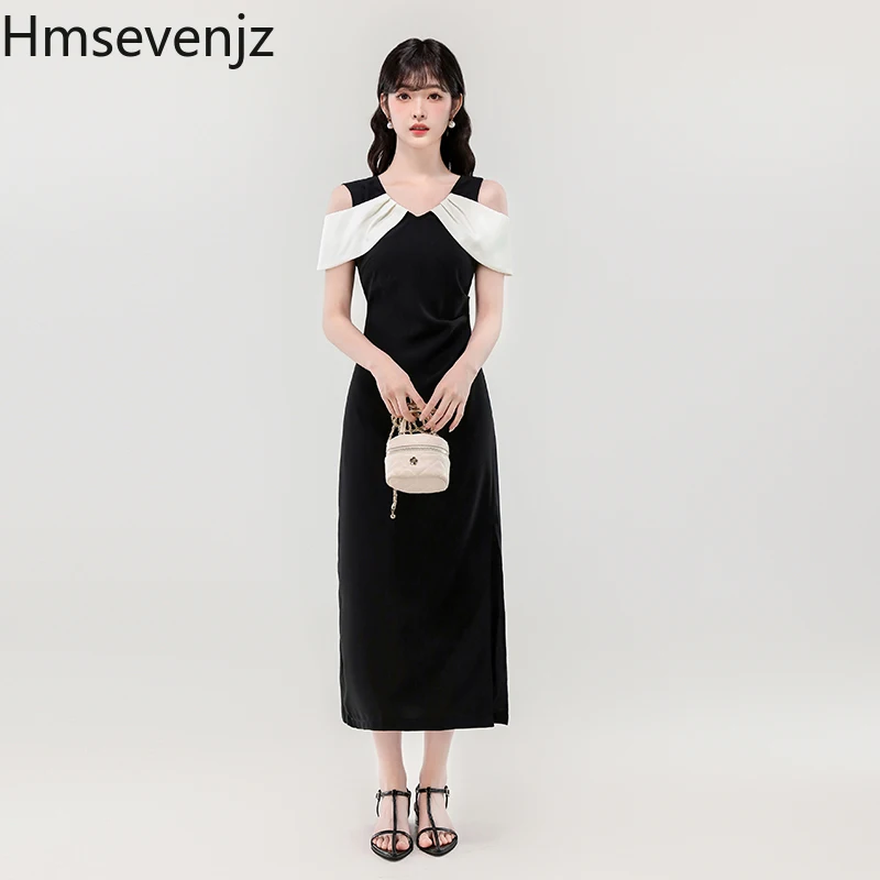 

Hmsevenjz Off Shoulder Slim Fit Dress for Women's Summer Elegant Sleeveless Long Slit Dress Fashion Female Clothes