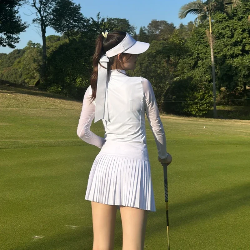 2024 SG Golf Women Ice Silk Sunscreen Long Sleeved White Slim Top Pleat Skirt Set Breathable Lapel Shirt Anti-expose Short Skort