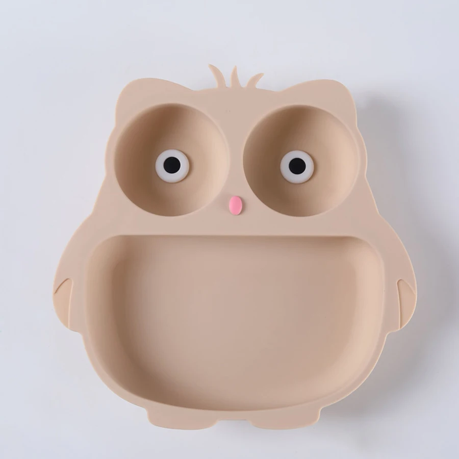 Silicone children\'s tableware suction cup cartoon owl plate silicone baby bowls and plates children\'s training eating auxiliary