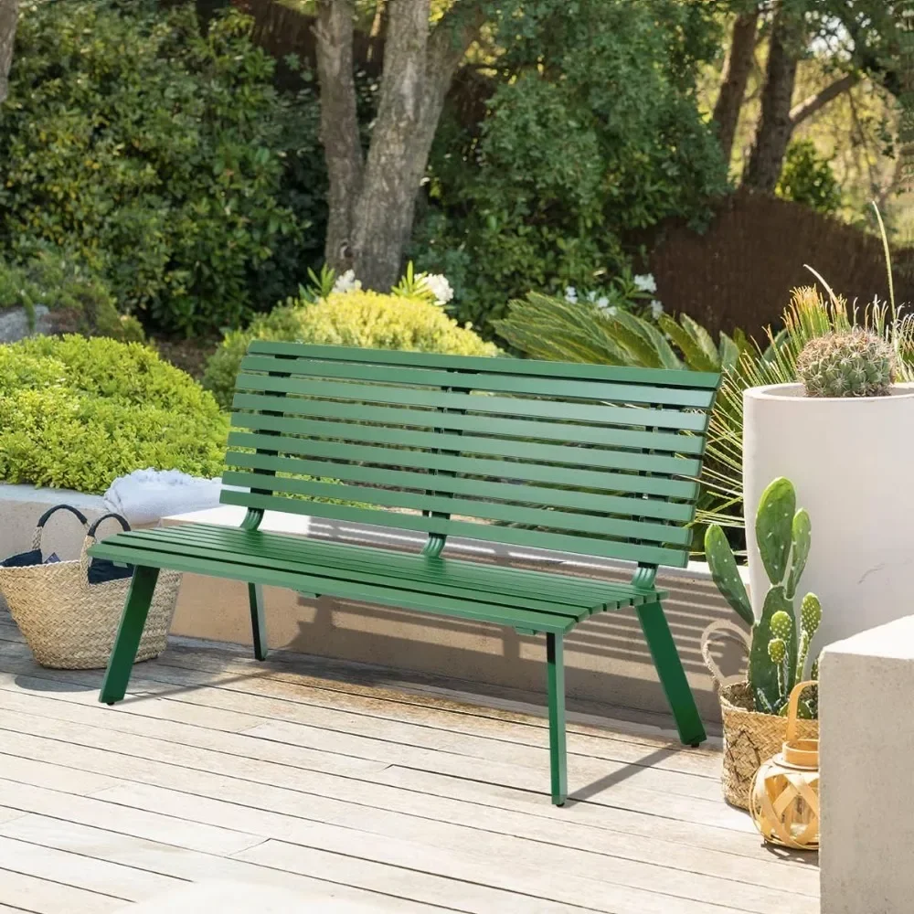 Outdoor Aluminum Garden Bench, Patio Porch Chair Furniture, Slatted Design w/Backrest, Green Patio Benches