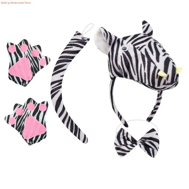 F92d Zebras Costume Set Zebras Ears Bandband Bowtie Tail Gants For Kids Girls Boys Halloween Cosplay Costume Animal