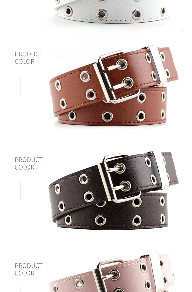Damengürtel Trend Doppelringgürtel Doppelloch Öse Tülle Lederschnalle Punk Pin Gürtel Freizeitkleid Jeans Gothic Bund – Detail 6