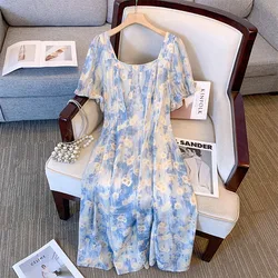 Plus Size Women's Bust 148 Summer Loose French Gentle Style Print Flower Dress Green 5XL 6XL 7XL 8XL 9XL 10XL 150Kg