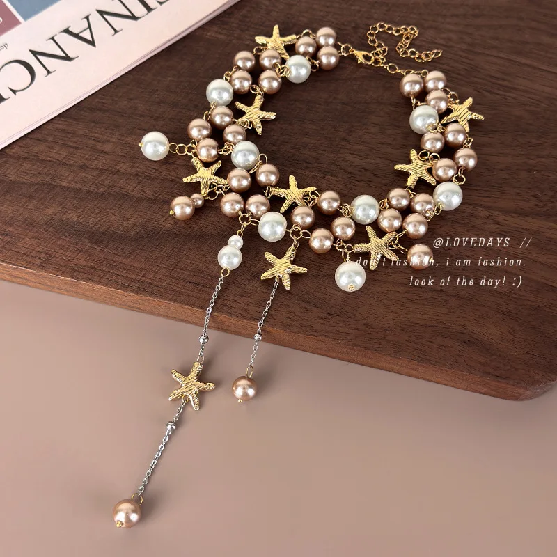 Choker Necklace Starfish Imitation Pearl French Multi Layer Colorblock Tassel Retro Women Banquet Party Jewelry Lightweight