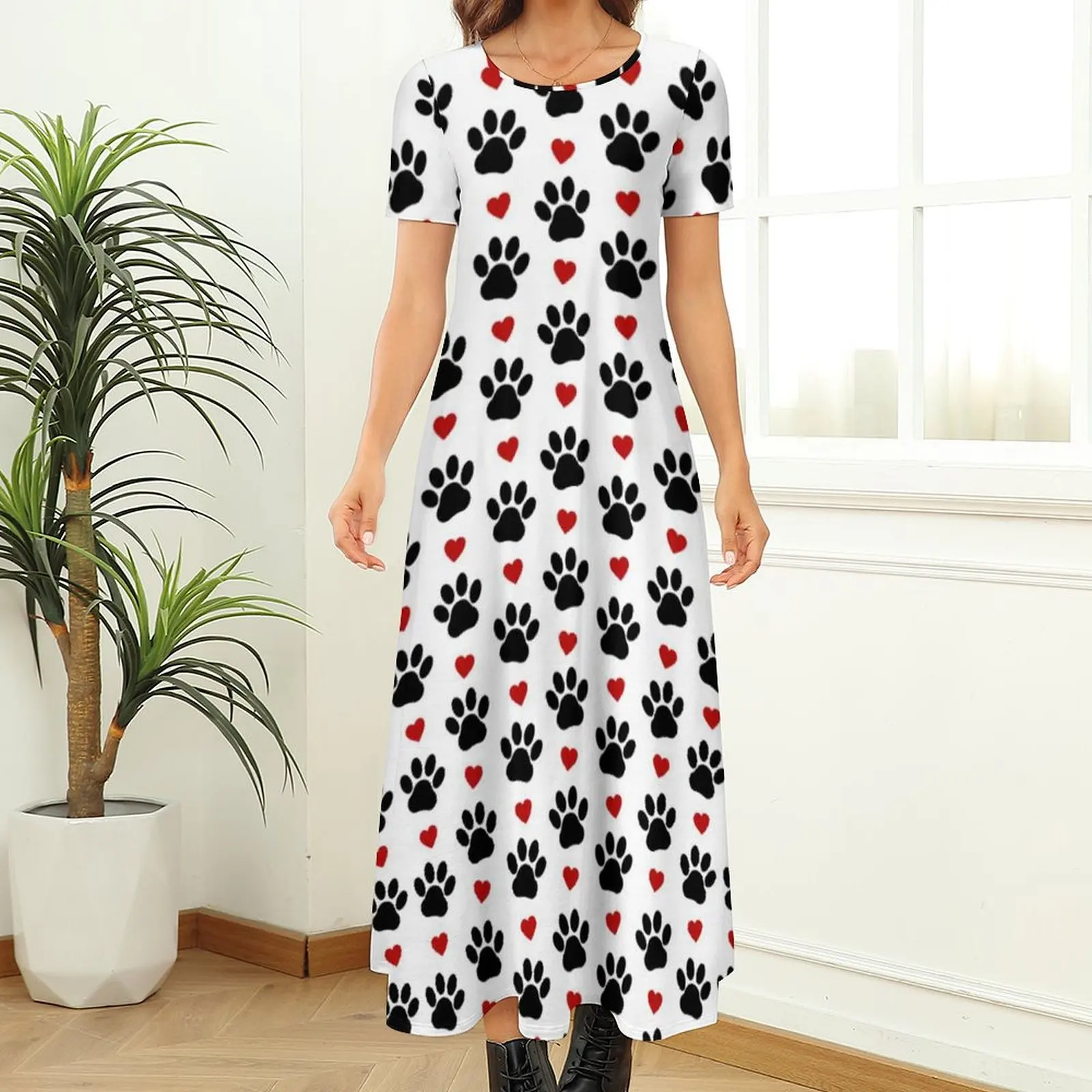 Cute Red Heart Dress Black Paws Print Maxi Dress Short Sleeve Aesthetic Boho Beach Long Dresses Women Graphic Big Size Vestido