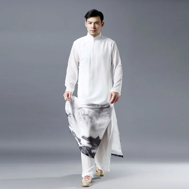 Summer Men's Buttoned Landscape Long Shirt Chinese Style Performance Costume Long Robe Comfortable And Breathable