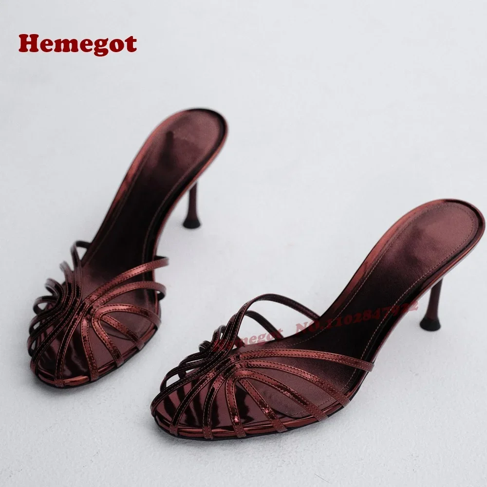 

Burgundy Straps Hollow Out Slippers 2025 New Arrival Summer Round Toe Glossy Women's Mules Elegant Runway Shoes Solid Side Air
