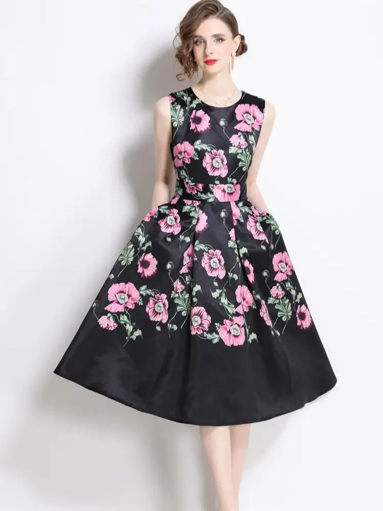 Robe d'été Vintage à fleurs, jaune, bleu, rose, sans manches, col rond, imprimé Floral, gilet Slim, mi-longue, tenue de soirée