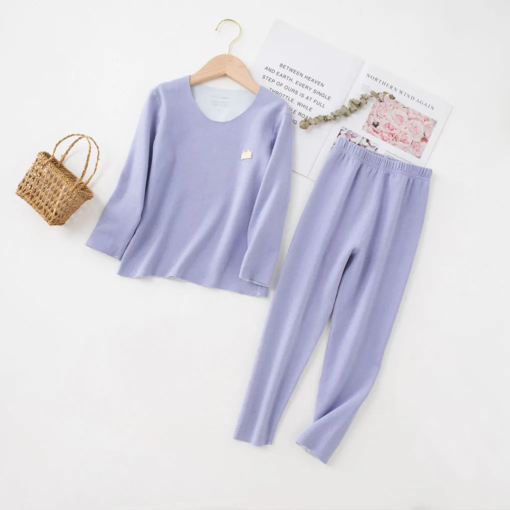 

Polyester Children Pajamas Set Solid Color Long Sleeve Sleepwear Underwear