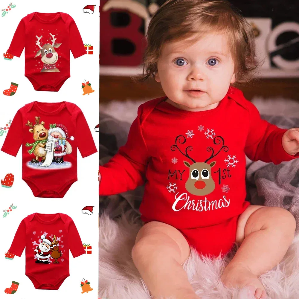 Christmas Newborn Baby Long Sleeve Romper Cartoon Deer Santa Printed Outfit Infant Baptism Bodysuit Clothes Xmas Gift