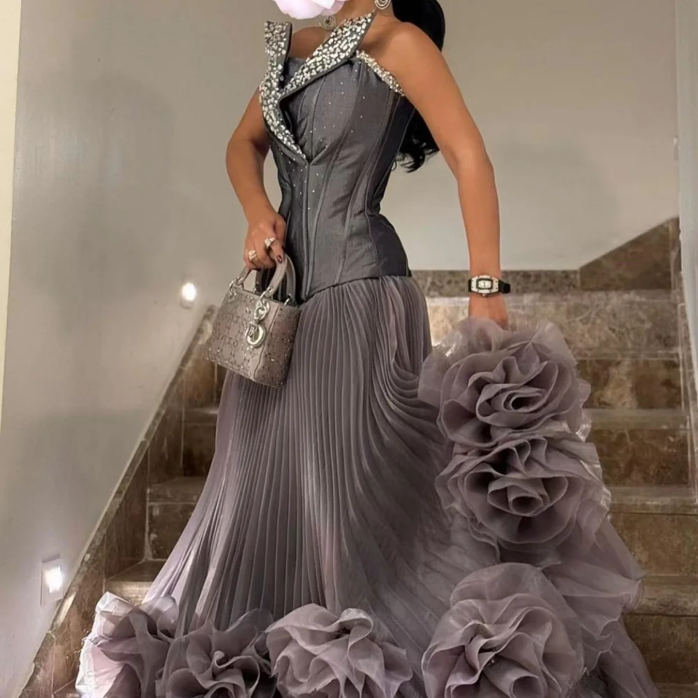 Contessa Dubai Gray Glitter Strapless Wedding Dress 3D Floral Skirt vestidos de noche Floor-Length فساتين سهرة Customized 2025