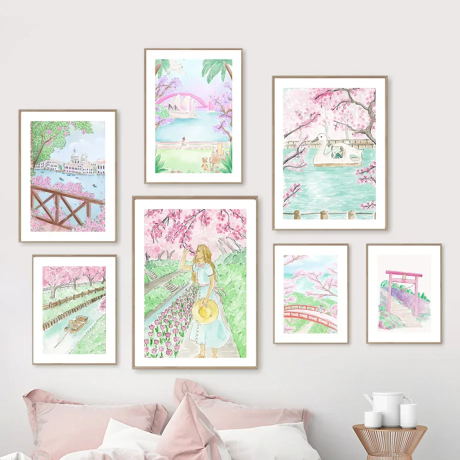 Multiple sizes 1pc frameless Canvas Painting,Pink Cherry Blossom Wall Art Watercolor Travel Landscape Prints Girl Swan Boat Blus