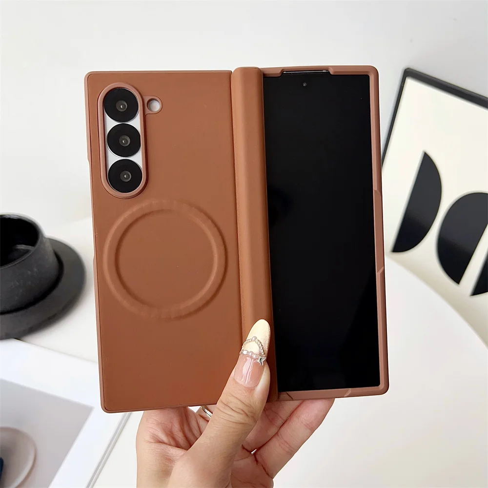 

Magnetic Hinge Leather Phone Case For Samsung Galaxy Z Fold 7 6 5 Wireless Charge Hard Pu Soft Silicone Bumper Cover