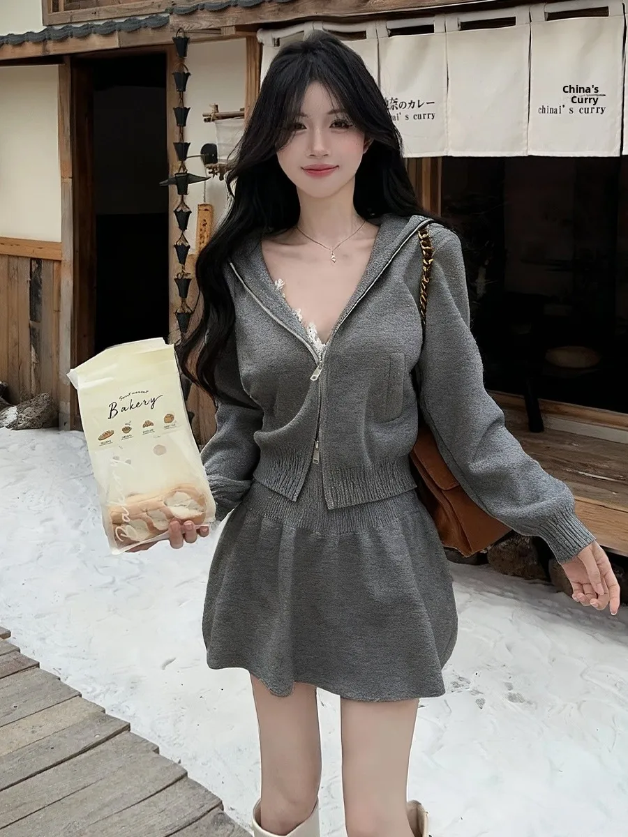 

Casual Leisure Zipper Knitted Sweater Cardigan High Waist Slim A-Line Skirt Two-Piece Set Women's Faion Ensemble