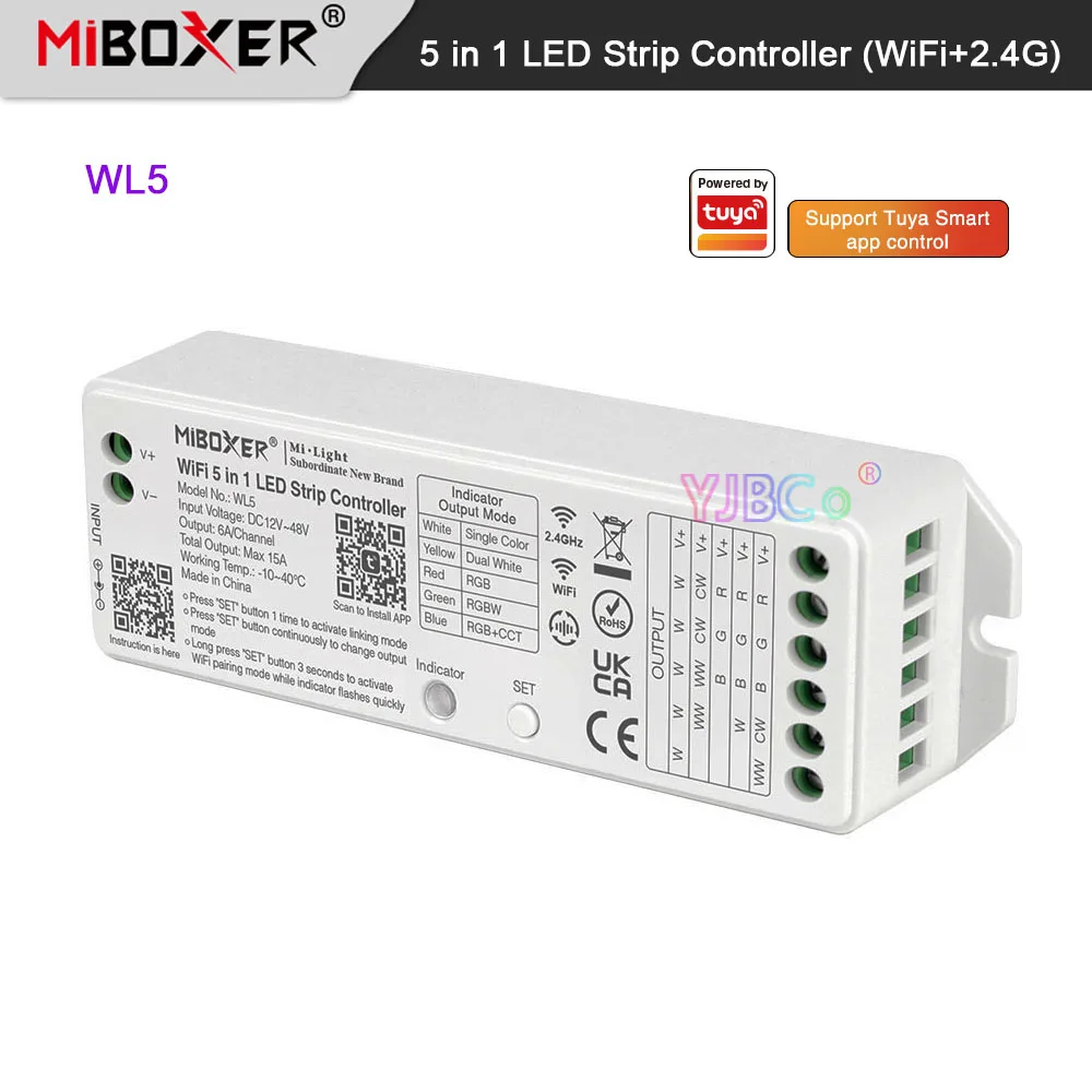 

Miboxer 12V 24V Wifi 5 in 1 LED Strip Controller Single color/Dual white/RGB/RGBW/RGB+CCT light tape dimmer,2.4G Remote control