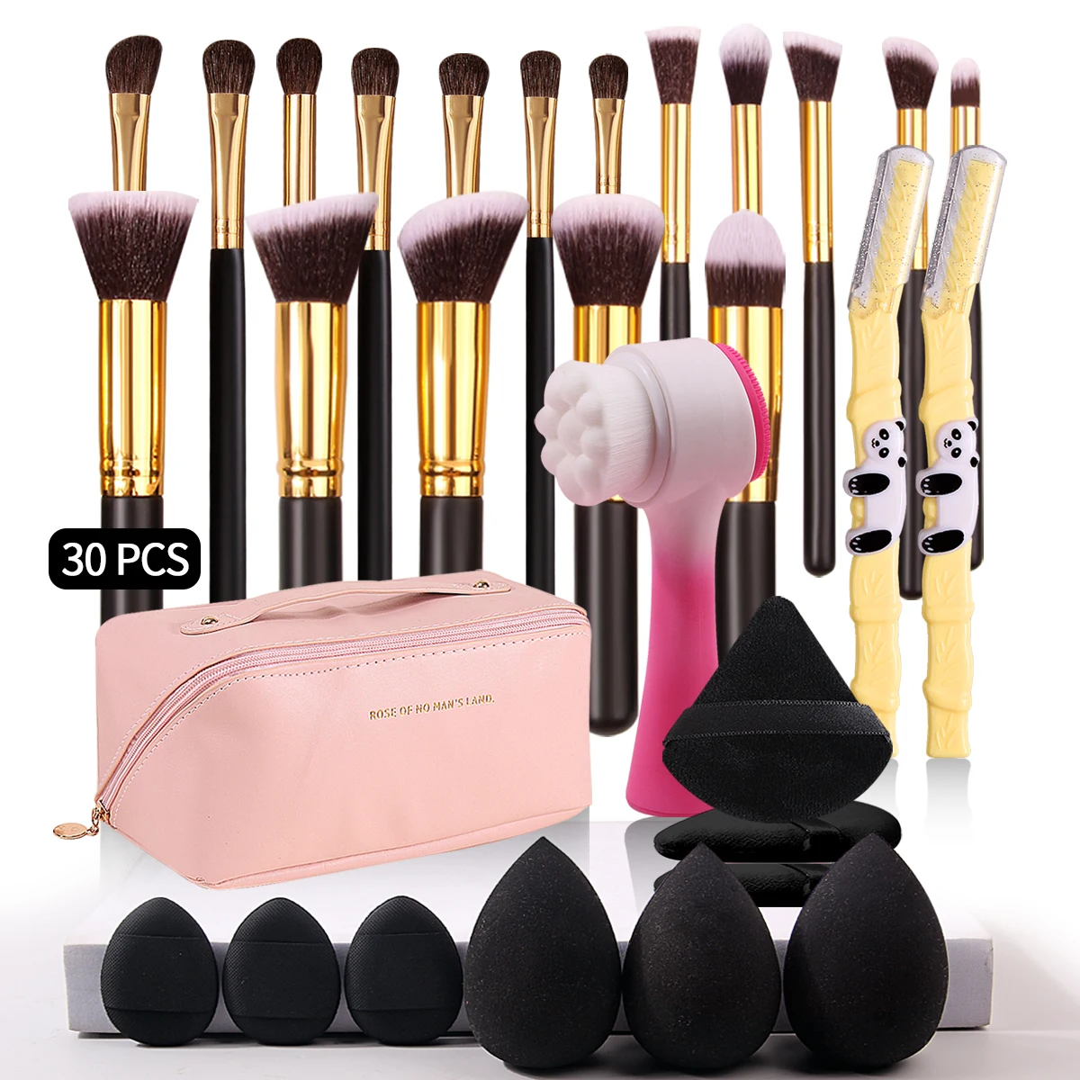 대형 메이크업 브러쉬 10 개, 아이 브러쉬 7 개, 스폰지 9 개 세트, 눈썹 면도기 2 개, 페이스 브러쉬 1 개, 메이크업 백 1 개, 30 개
