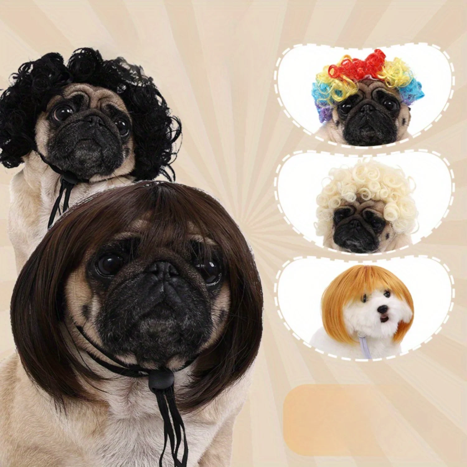 Festive Pet Wigs - Curly & Straight Hair for Dogs - Halloween Accessories - Fabric