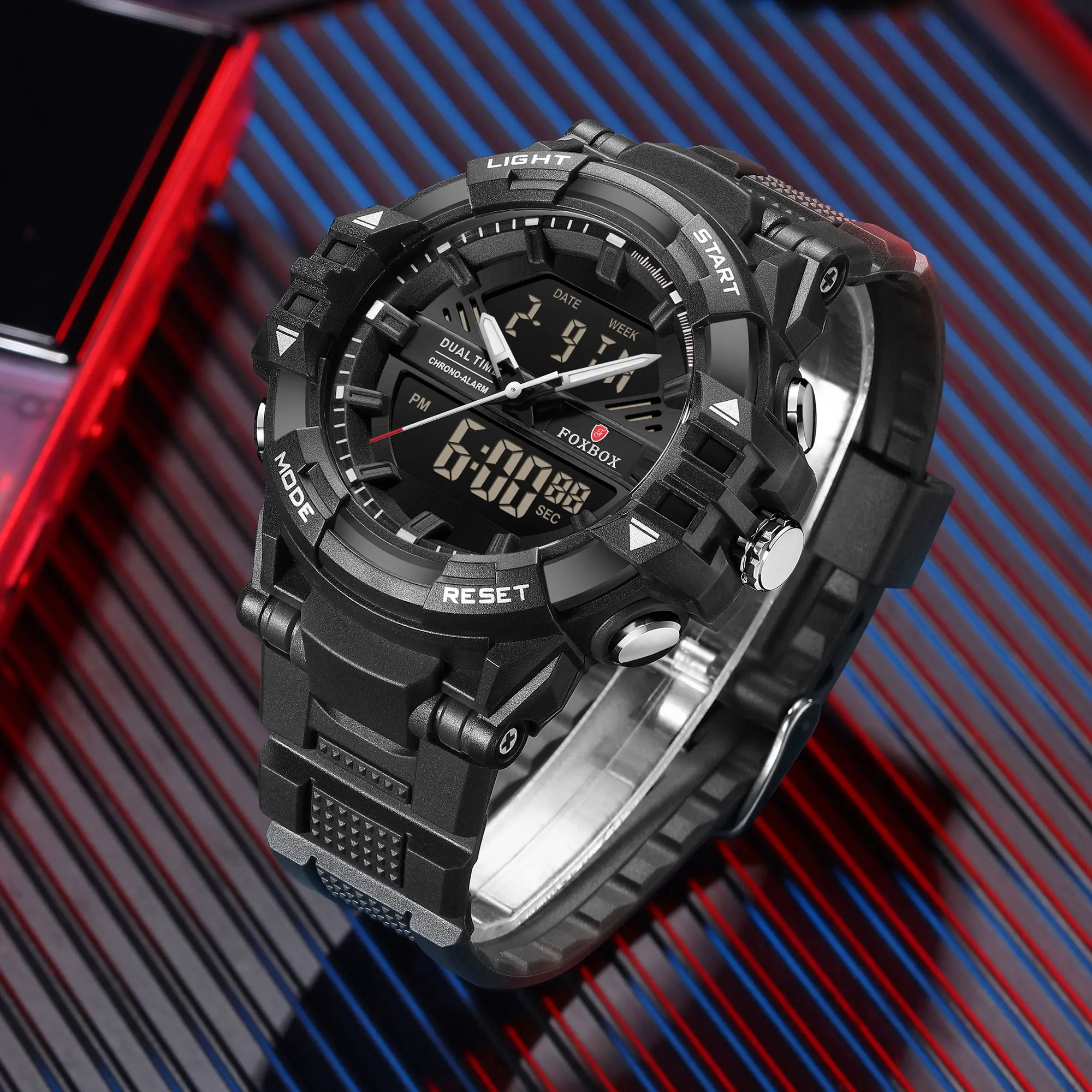 FOXBOX Outdoor Electronic Watch Fashion Casual Sports Silicone Dual Time Displsy Men's Watches 5Bar Waterproof Alarm Chronograph