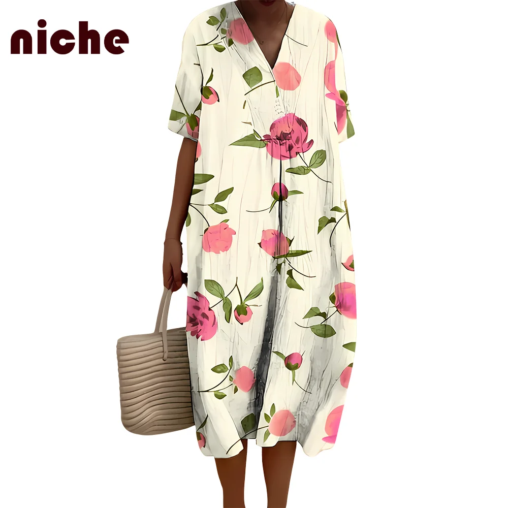 Ladies Beach Skirt High Quality Cotton And Linen Retro Flower Graphic Printing Loose V-Neck Fashion Trend New Long Skirt